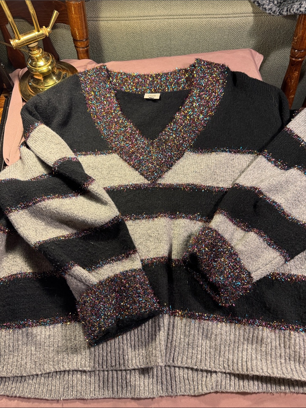 True Craft Black and Gray Striped V-Neck Sweater with Metallic Multicolor Trim